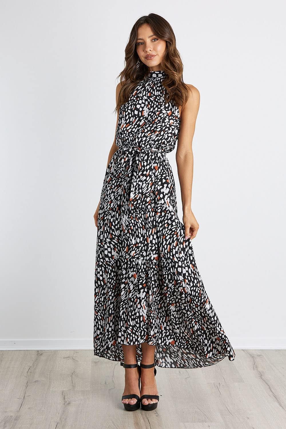 imagePRETTYGARDEN Womens Halter Neck Floral Long Maxi Dress Casual Sleeveless Backless Dresses Loose Ruffle Sundress with BeltBlack Leopard