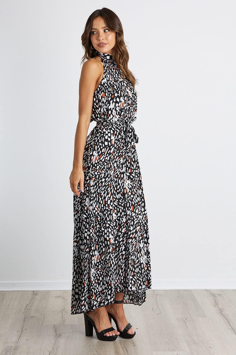 imagePRETTYGARDEN Womens Halter Neck Floral Long Maxi Dress Casual Sleeveless Backless Dresses Loose Ruffle Sundress with BeltBlack Leopard