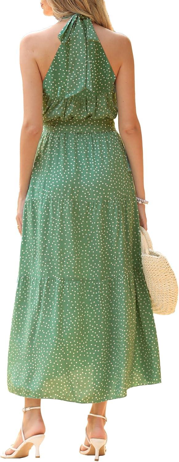 imagePRETTYGARDEN Womens Halter Neck Floral Long Maxi Dress Casual Sleeveless Backless Dresses Loose Ruffle Sundress with BeltGreen