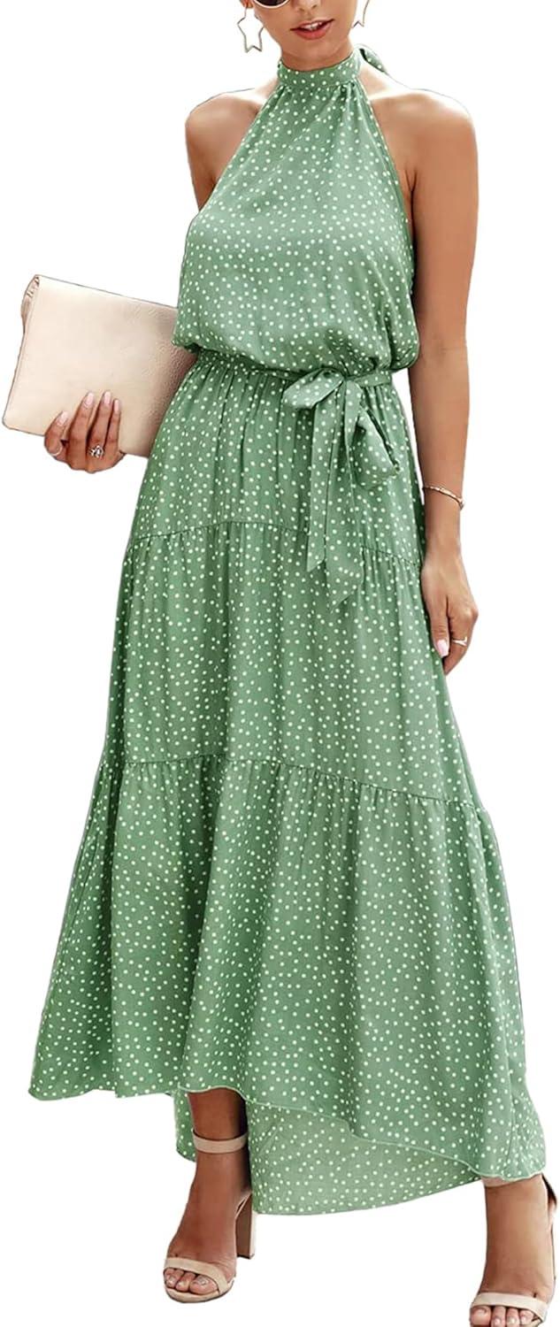imagePRETTYGARDEN Womens Halter Neck Floral Long Maxi Dress Casual Sleeveless Backless Dresses Loose Ruffle Sundress with BeltGreen
