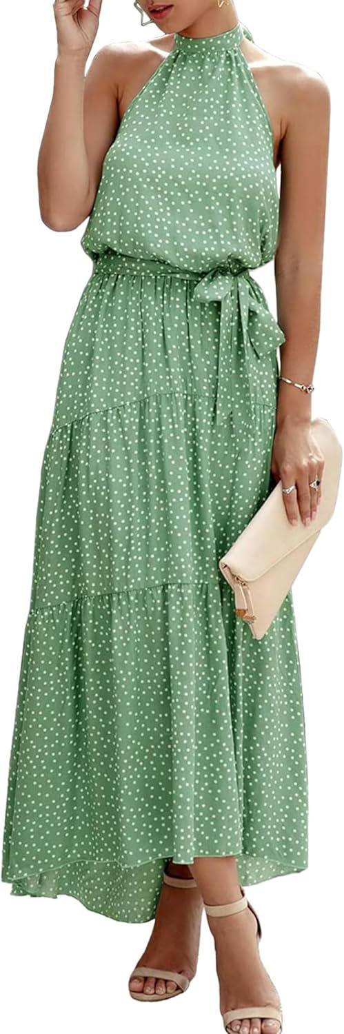 imagePRETTYGARDEN Womens Halter Neck Floral Long Maxi Dress Casual Sleeveless Backless Dresses Loose Ruffle Sundress with BeltGreen