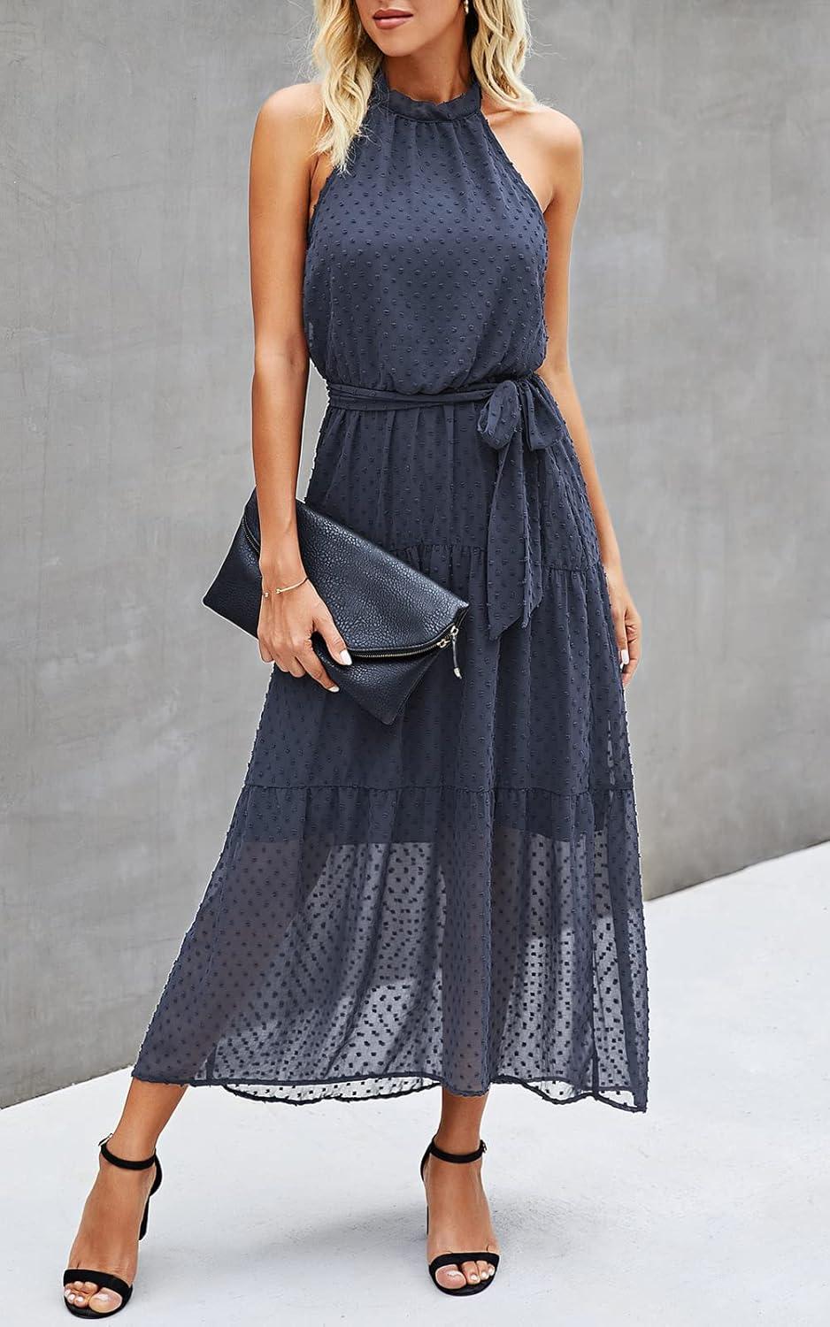 imagePRETTYGARDEN Womens Halter Neck Floral Long Maxi Dress Casual Sleeveless Backless Dresses Loose Ruffle Sundress with BeltPurple Grey