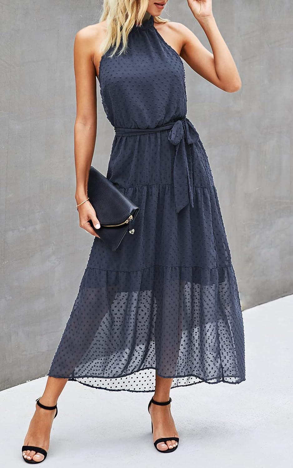 imagePRETTYGARDEN Womens Halter Neck Floral Long Maxi Dress Casual Sleeveless Backless Dresses Loose Ruffle Sundress with BeltPurple Grey