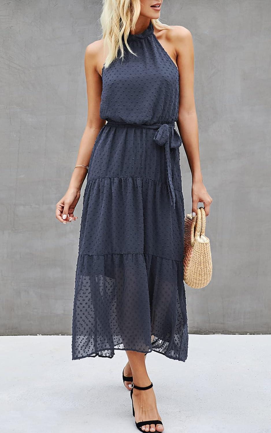 imagePRETTYGARDEN Womens Halter Neck Floral Long Maxi Dress Casual Sleeveless Backless Dresses Loose Ruffle Sundress with BeltPurple Grey