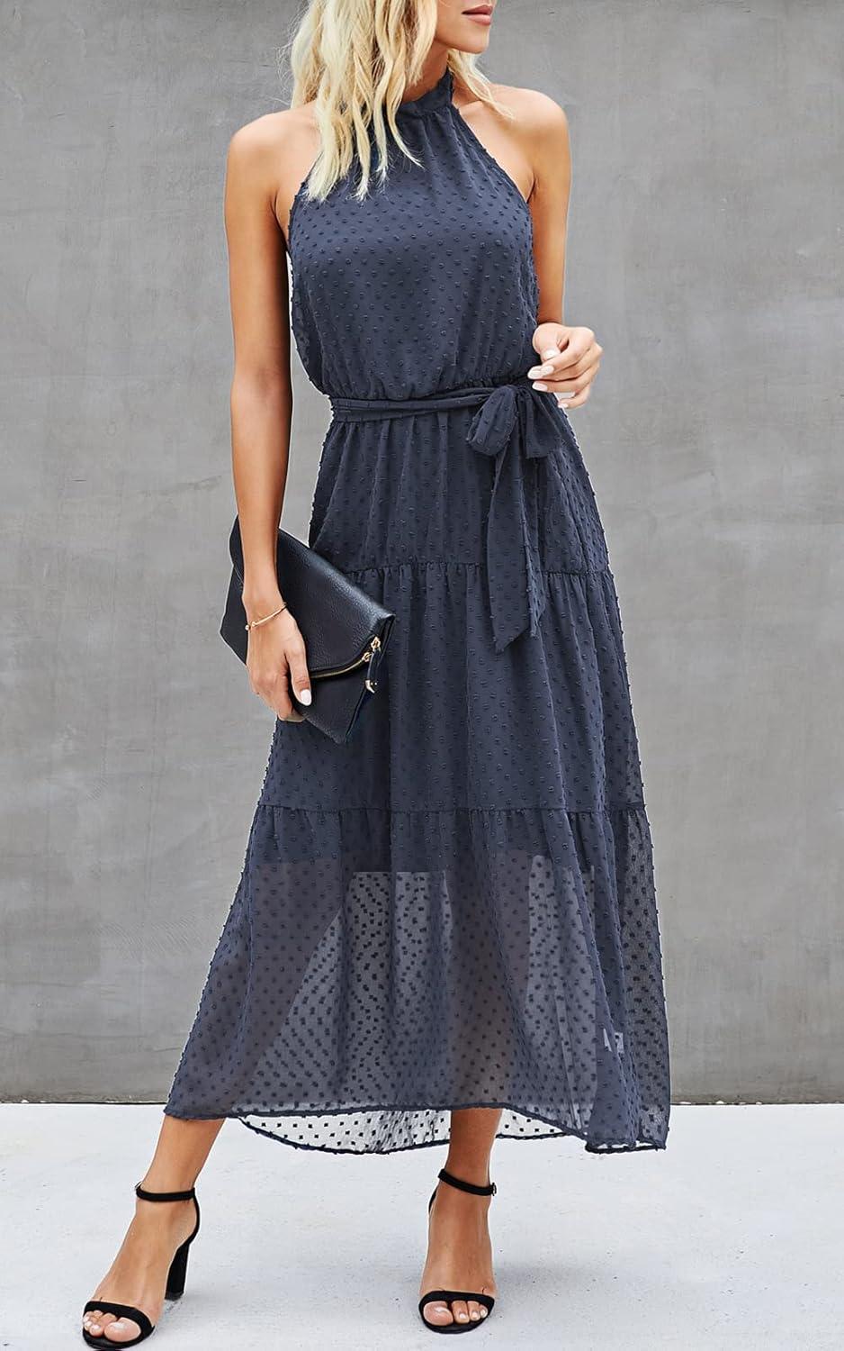 imagePRETTYGARDEN Womens Halter Neck Floral Long Maxi Dress Casual Sleeveless Backless Dresses Loose Ruffle Sundress with BeltPurple Grey