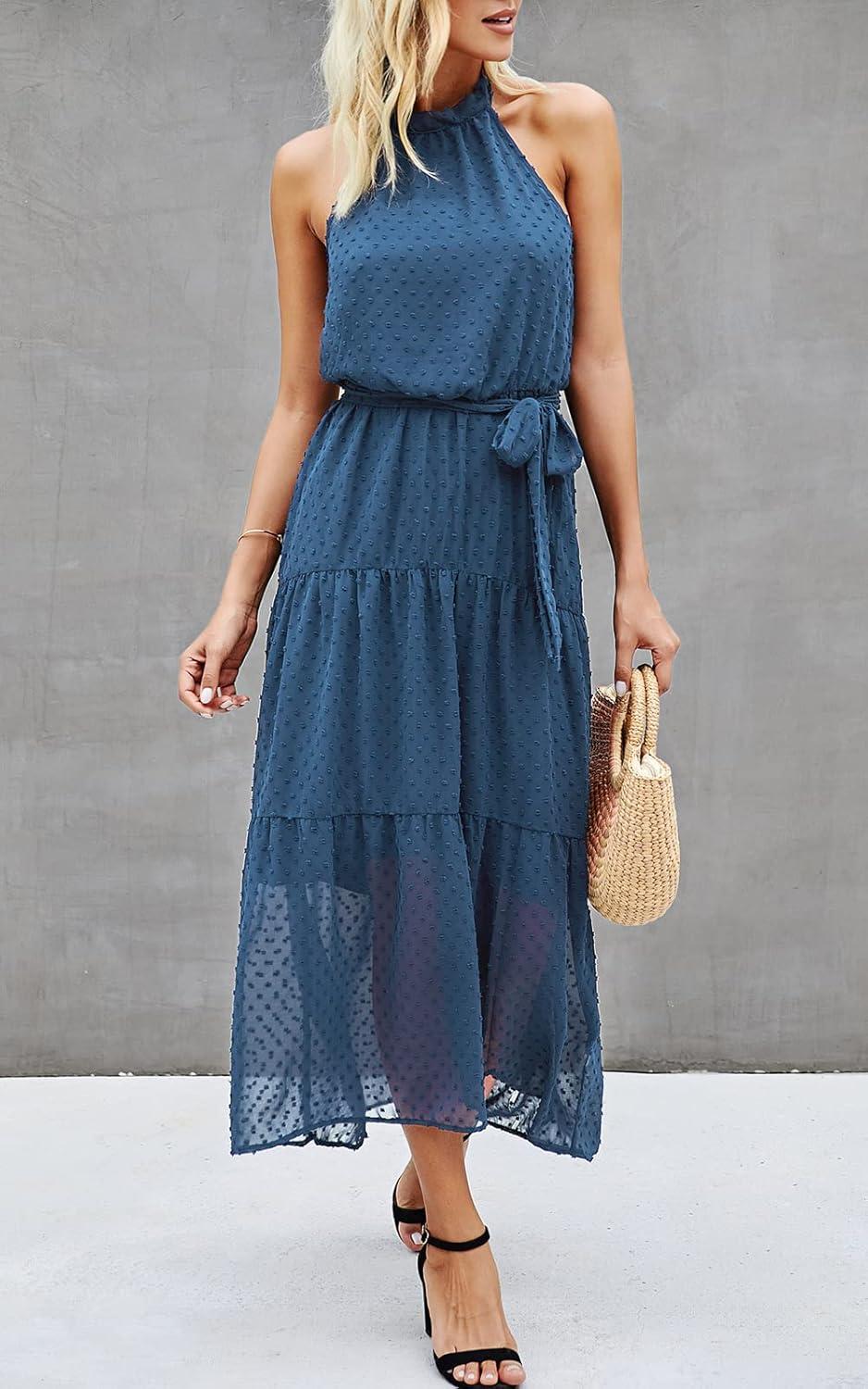 imagePRETTYGARDEN Womens Halter Neck Floral Long Maxi Dress Casual Sleeveless Backless Dresses Loose Ruffle Sundress with BeltSolid Grey Blue
