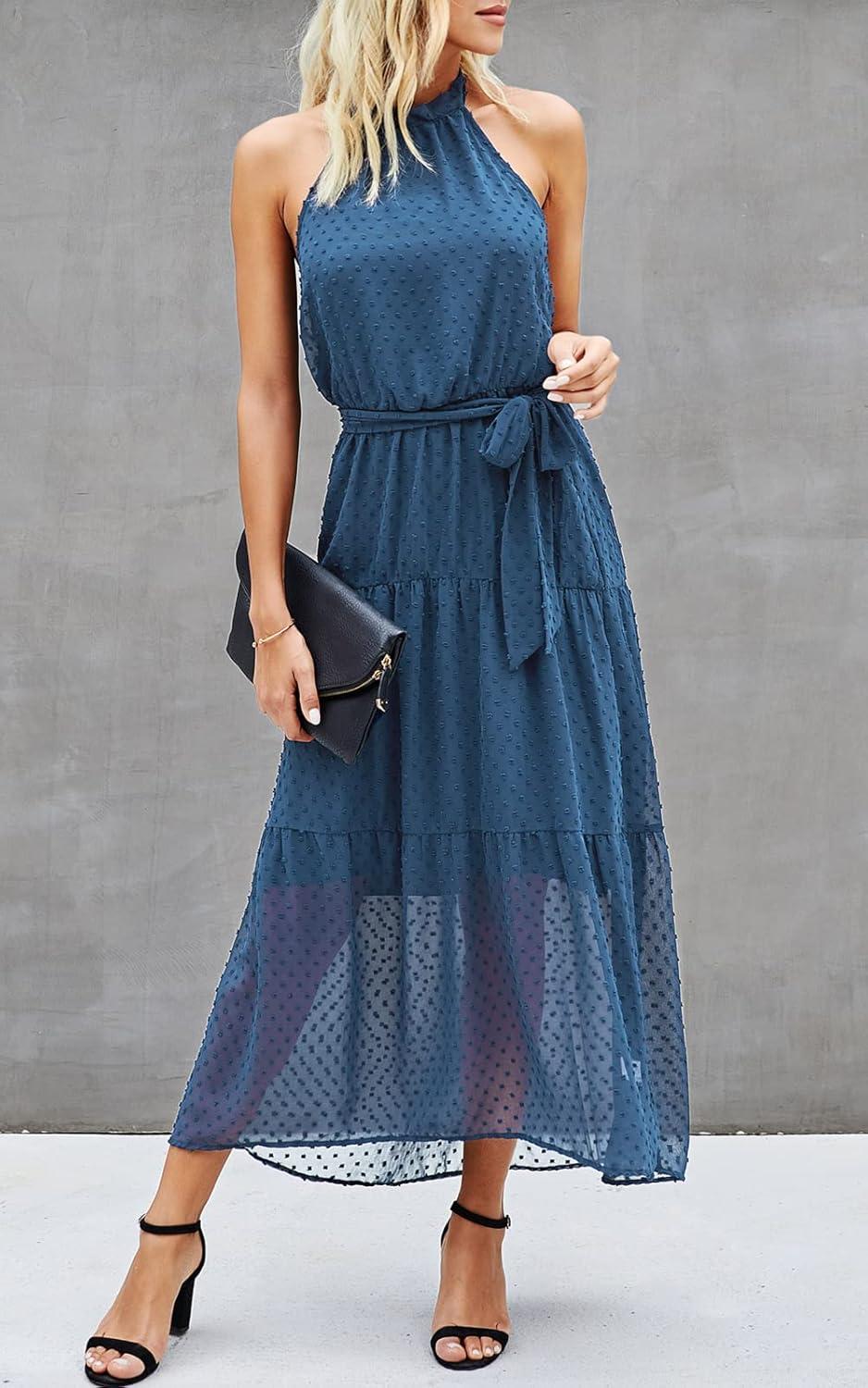 imagePRETTYGARDEN Womens Halter Neck Floral Long Maxi Dress Casual Sleeveless Backless Dresses Loose Ruffle Sundress with BeltSolid Grey Blue