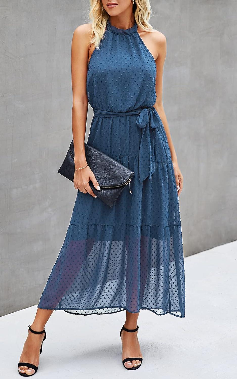 imagePRETTYGARDEN Womens Halter Neck Floral Long Maxi Dress Casual Sleeveless Backless Dresses Loose Ruffle Sundress with BeltSolid Grey Blue