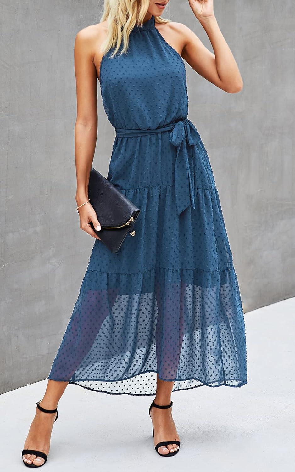imagePRETTYGARDEN Womens Halter Neck Floral Long Maxi Dress Casual Sleeveless Backless Dresses Loose Ruffle Sundress with BeltSolid Grey Blue