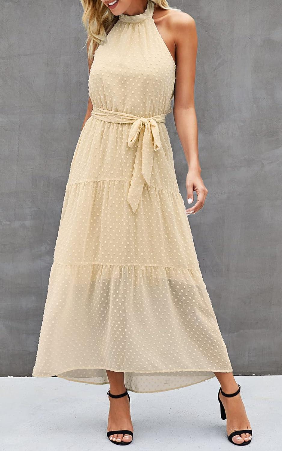 imagePRETTYGARDEN Womens Halter Neck Floral Long Maxi Dress Casual Sleeveless Backless Dresses Loose Ruffle Sundress with BeltSolid Light Yellow