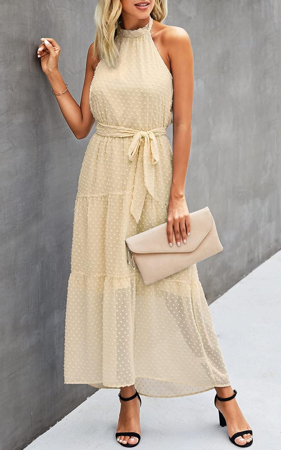 imagePRETTYGARDEN Womens Halter Neck Floral Long Maxi Dress Casual Sleeveless Backless Dresses Loose Ruffle Sundress with BeltSolid Light Yellow