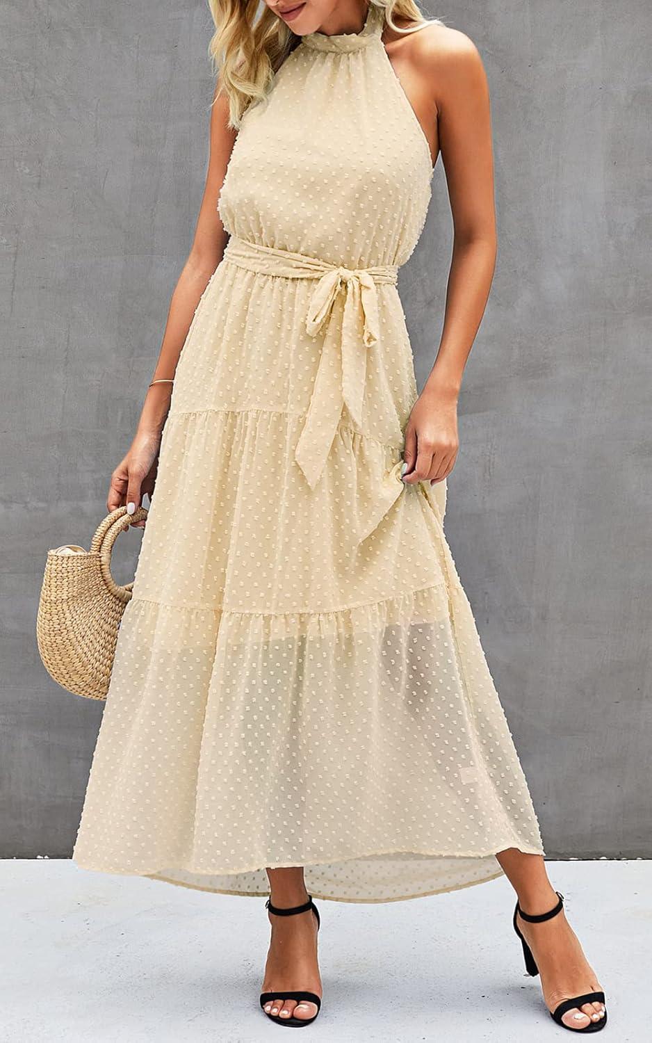 imagePRETTYGARDEN Womens Halter Neck Floral Long Maxi Dress Casual Sleeveless Backless Dresses Loose Ruffle Sundress with BeltSolid Light Yellow
