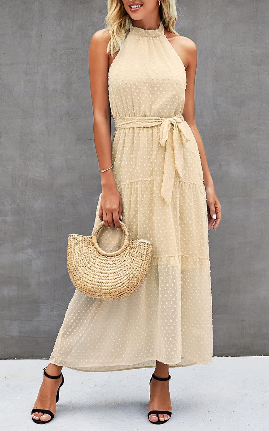 imagePRETTYGARDEN Womens Halter Neck Floral Long Maxi Dress Casual Sleeveless Backless Dresses Loose Ruffle Sundress with BeltSolid Light Yellow