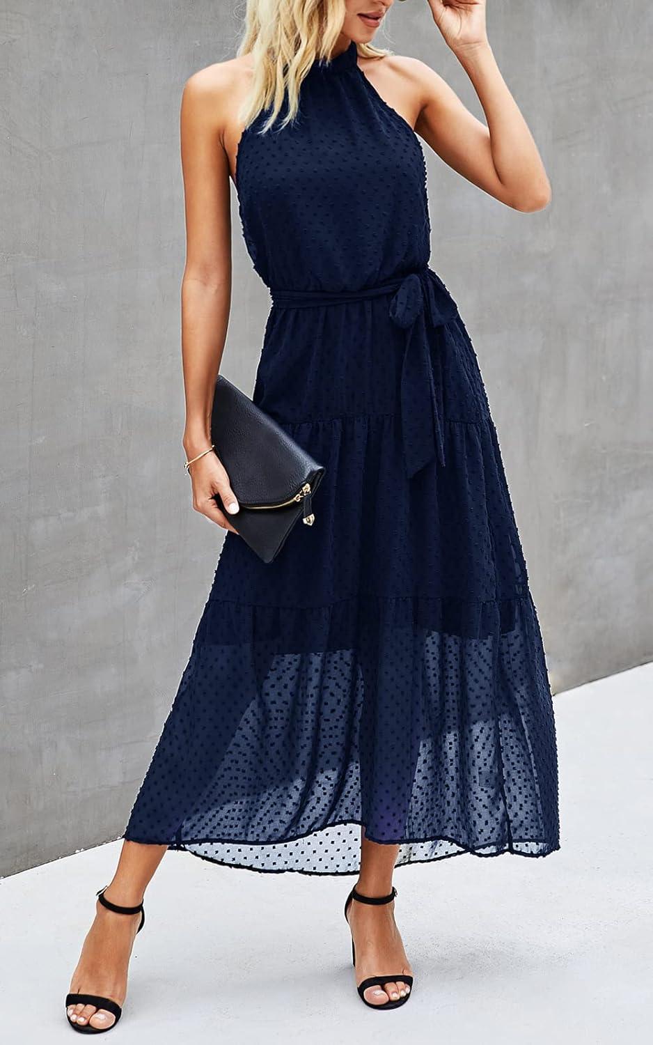 imagePRETTYGARDEN Womens Halter Neck Floral Long Maxi Dress Casual Sleeveless Backless Dresses Loose Ruffle Sundress with BeltSolid Navy