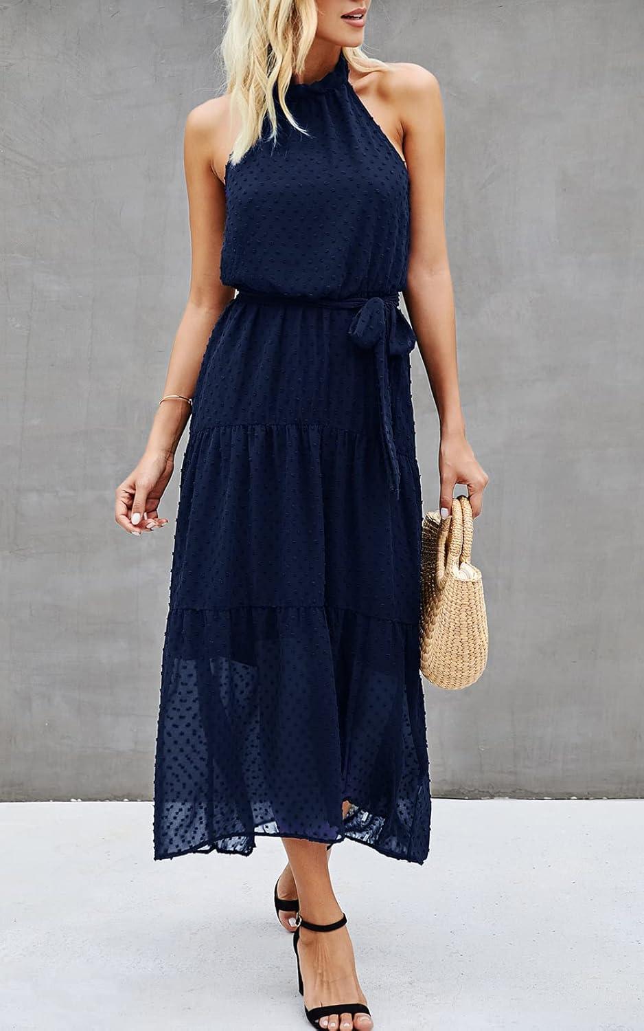 imagePRETTYGARDEN Womens Halter Neck Floral Long Maxi Dress Casual Sleeveless Backless Dresses Loose Ruffle Sundress with BeltSolid Navy