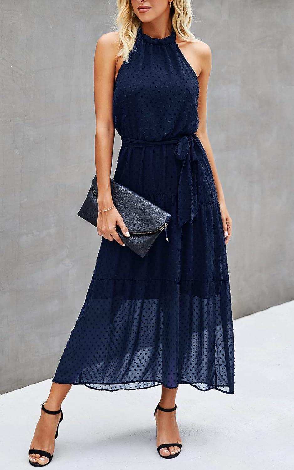 imagePRETTYGARDEN Womens Halter Neck Floral Long Maxi Dress Casual Sleeveless Backless Dresses Loose Ruffle Sundress with BeltSolid Navy