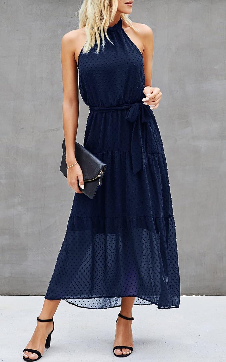 imagePRETTYGARDEN Womens Halter Neck Floral Long Maxi Dress Casual Sleeveless Backless Dresses Loose Ruffle Sundress with BeltSolid Navy