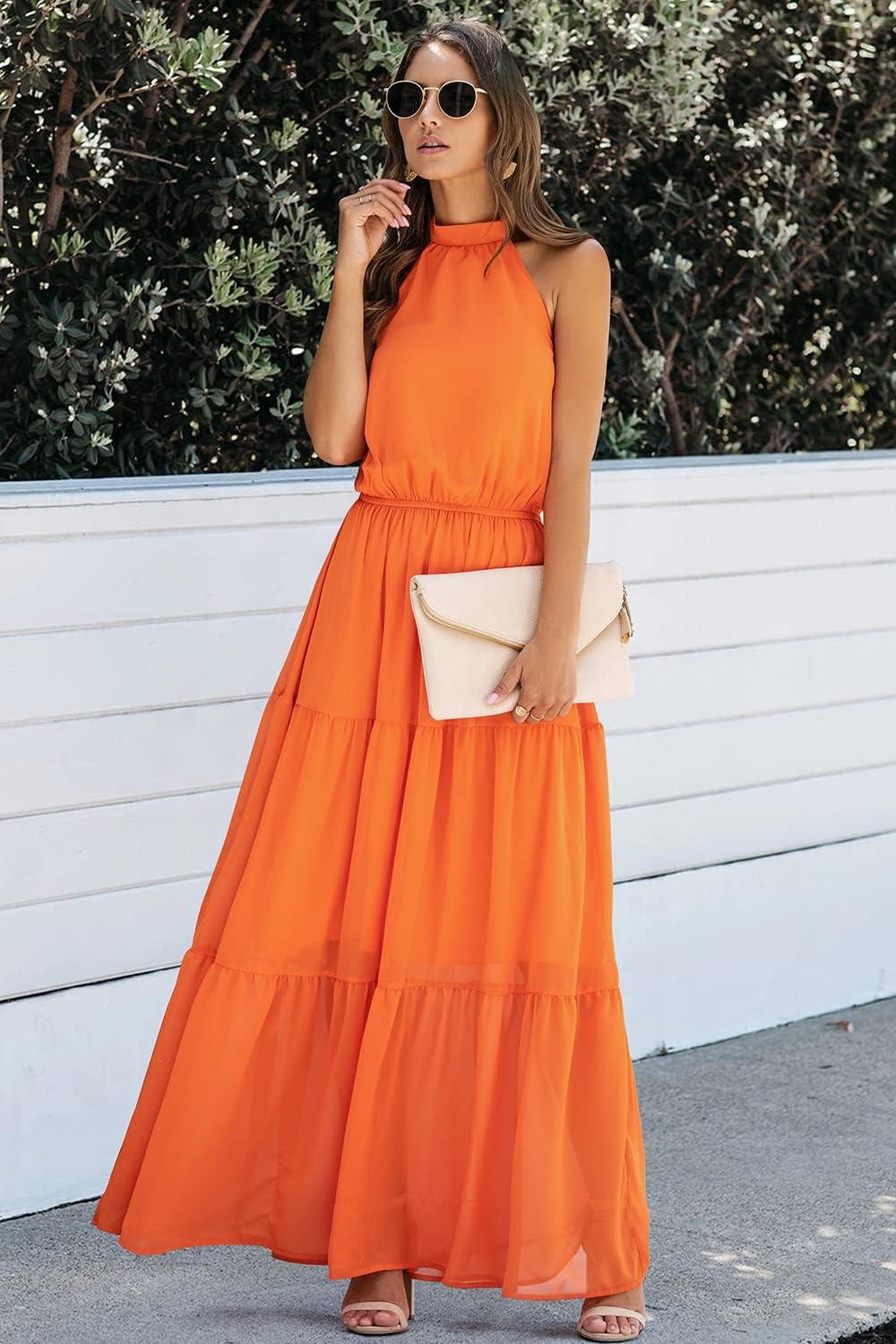imagePRETTYGARDEN Womens Halter Neck Floral Long Maxi Dress Casual Sleeveless Backless Dresses Loose Ruffle Sundress with BeltYorange