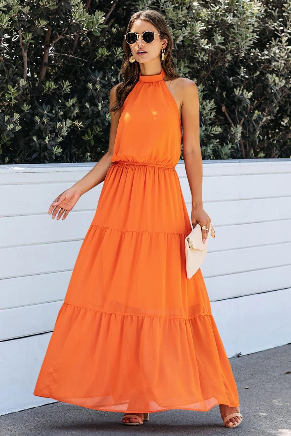 imagePRETTYGARDEN Womens Halter Neck Floral Long Maxi Dress Casual Sleeveless Backless Dresses Loose Ruffle Sundress with BeltYorange