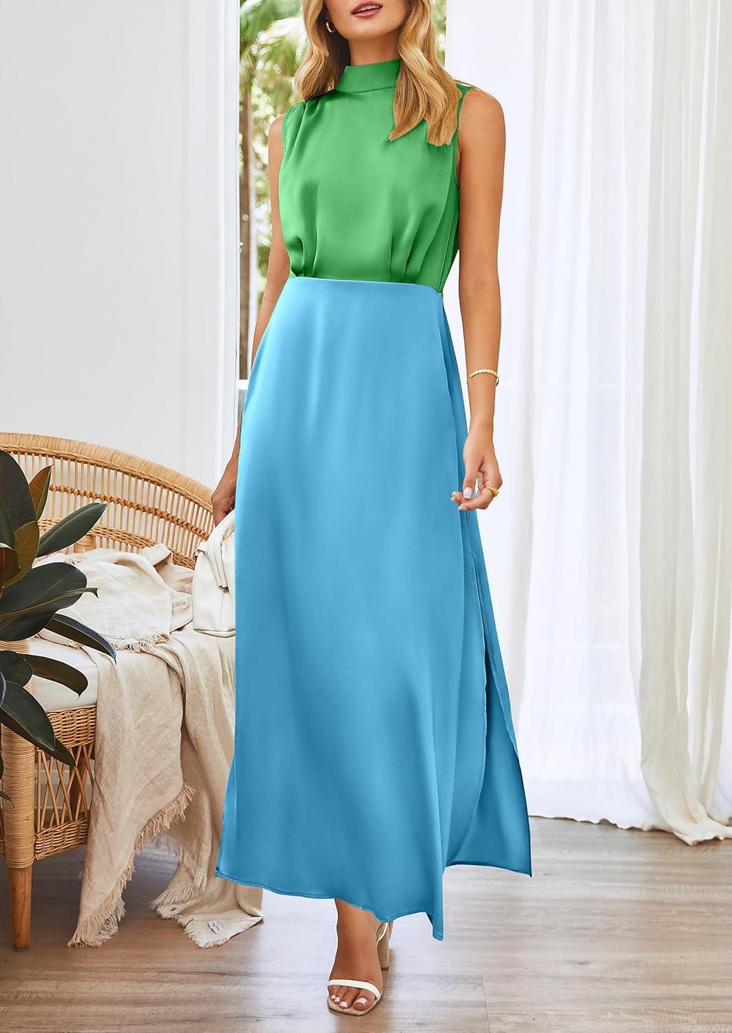 imagePRETTYGARDEN Womens Long Formal Satin Dress Mock Neck Sleeveless Side Slit Flowy Maxi Tank Dresses GreenSky BlueMedium