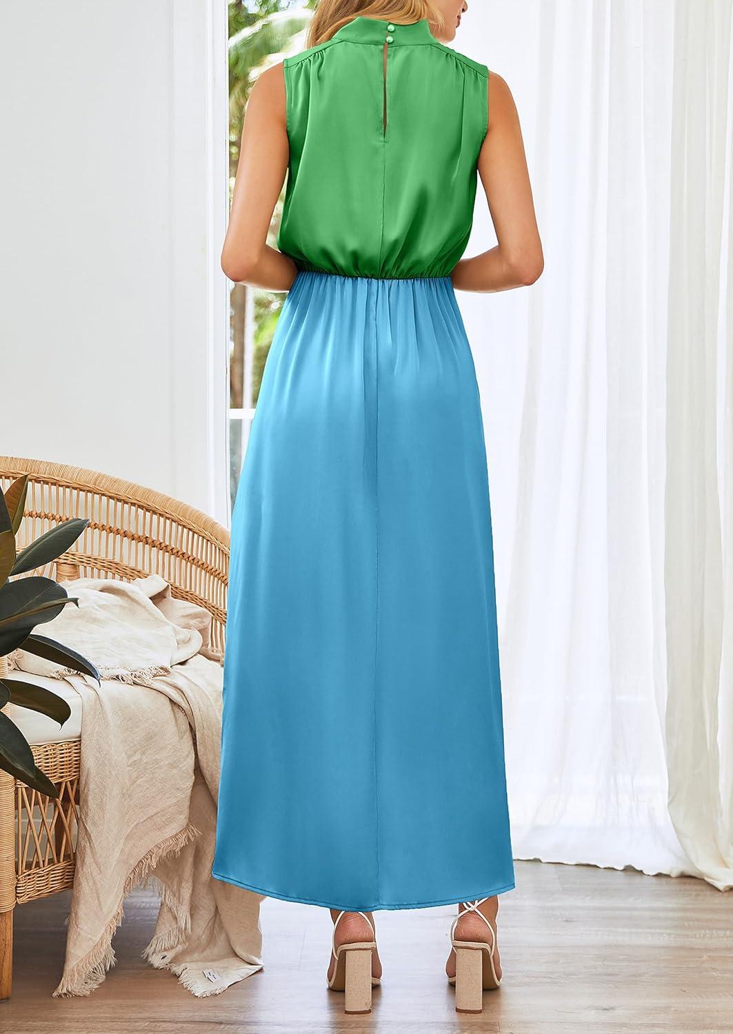 imagePRETTYGARDEN Womens Long Formal Satin Dress Mock Neck Sleeveless Side Slit Flowy Maxi Tank Dresses GreenSky BlueMedium