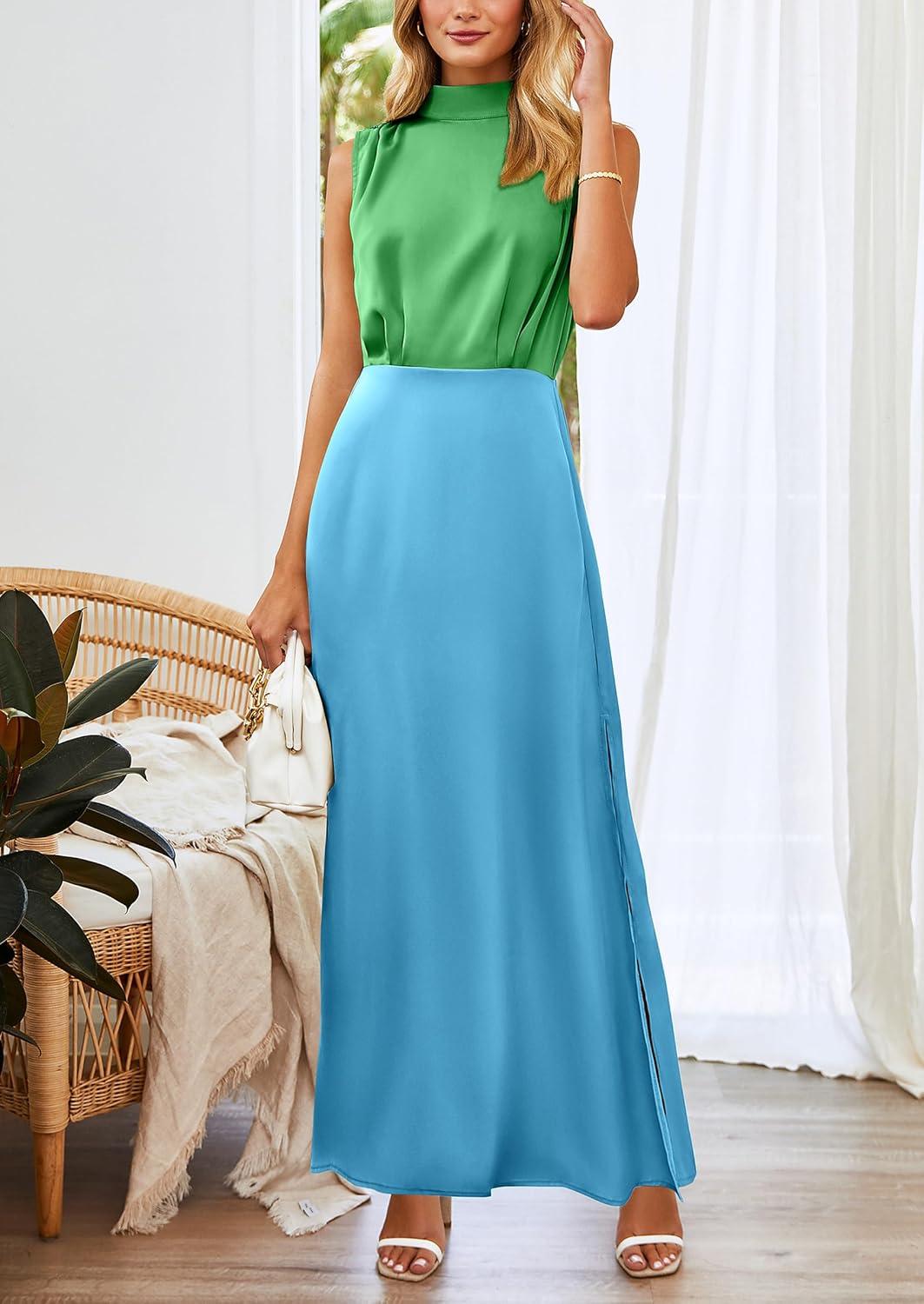 imagePRETTYGARDEN Womens Long Formal Satin Dress Mock Neck Sleeveless Side Slit Flowy Maxi Tank Dresses GreenSky BlueMedium