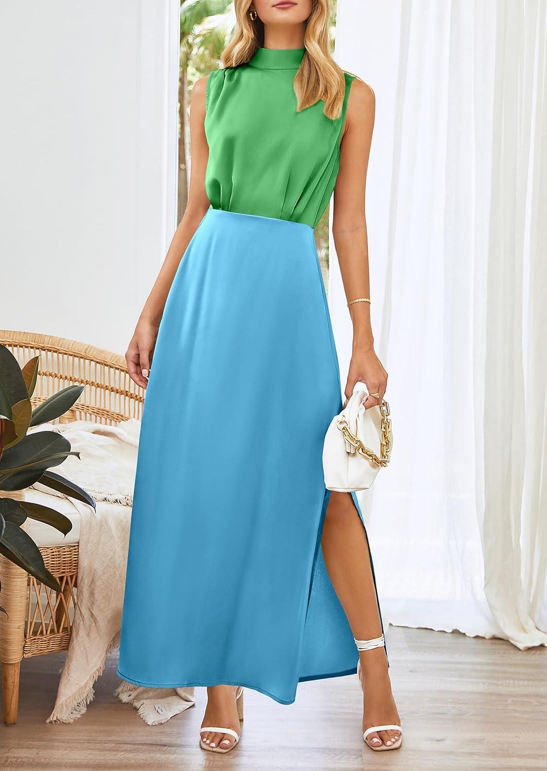 imagePRETTYGARDEN Womens Long Formal Satin Dress Mock Neck Sleeveless Side Slit Flowy Maxi Tank Dresses GreenSky BlueMedium