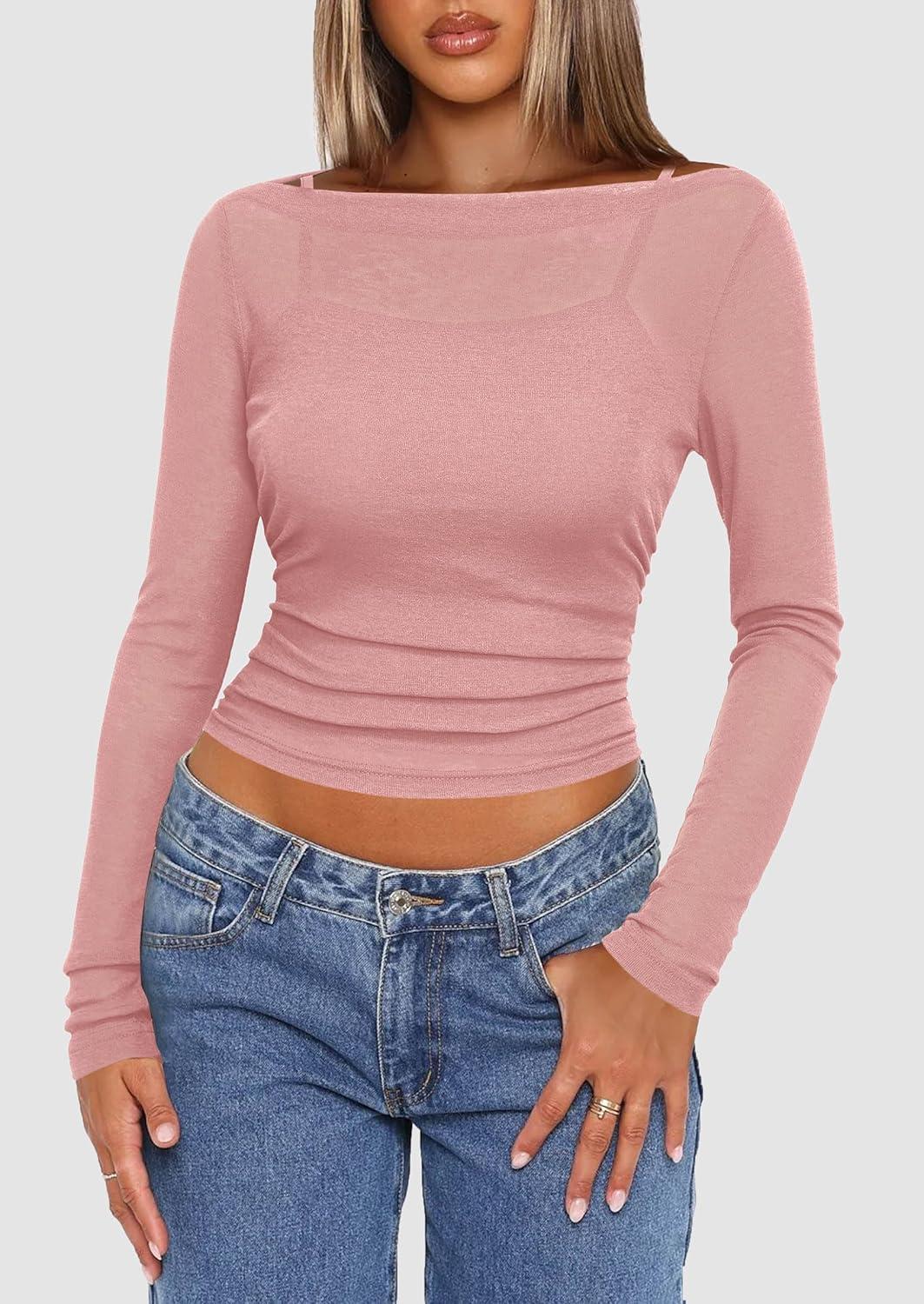 imagePRETTYGARDEN Womens Long Sleeve Sheer Crop Tops Boat Neck See Through Cover Up with Spaghetti Strap Camisole 2 Piece Blouses Dusty PinkMedium