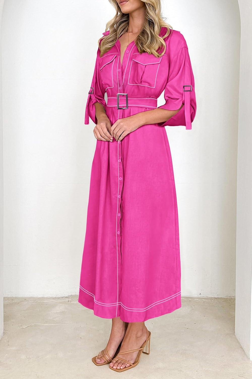 imagePRETTYGARDEN Womens Maxi Shirt Dress Casual 34 Sleeve Button Down Lapel V Neck A Line Belted Long Dresses Rose RedSmall