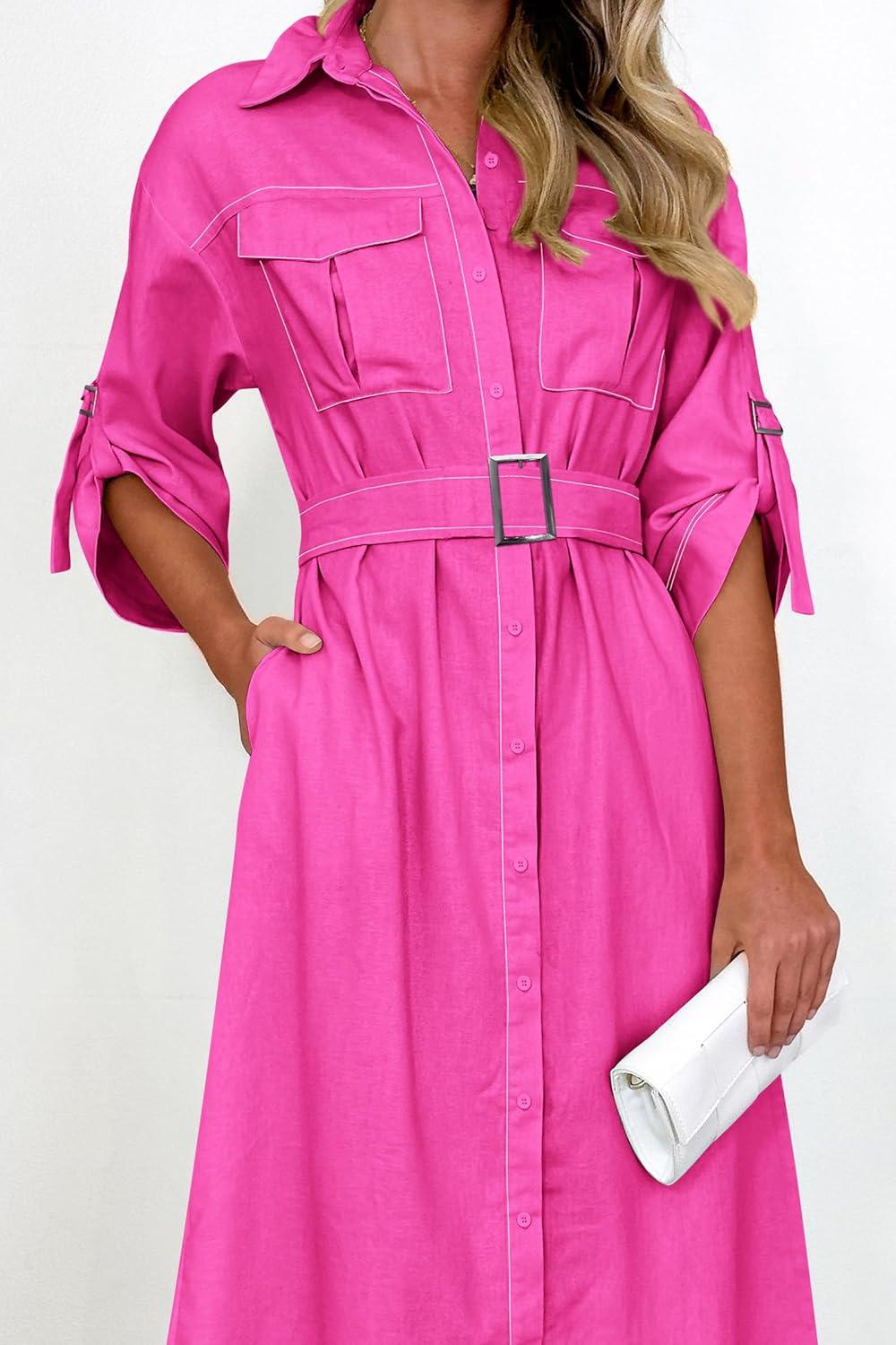 imagePRETTYGARDEN Womens Maxi Shirt Dress Casual 34 Sleeve Button Down Lapel V Neck A Line Belted Long Dresses Rose RedSmall