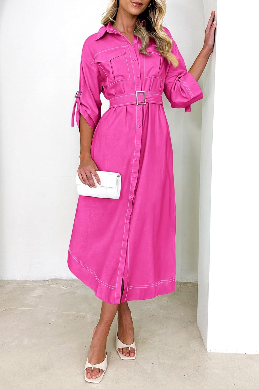 imagePRETTYGARDEN Womens Maxi Shirt Dress Casual 34 Sleeve Button Down Lapel V Neck A Line Belted Long Dresses Rose RedSmall