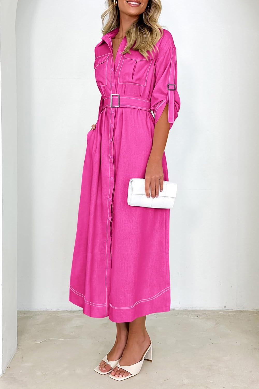 imagePRETTYGARDEN Womens Maxi Shirt Dress Casual 34 Sleeve Button Down Lapel V Neck A Line Belted Long Dresses Rose RedSmall