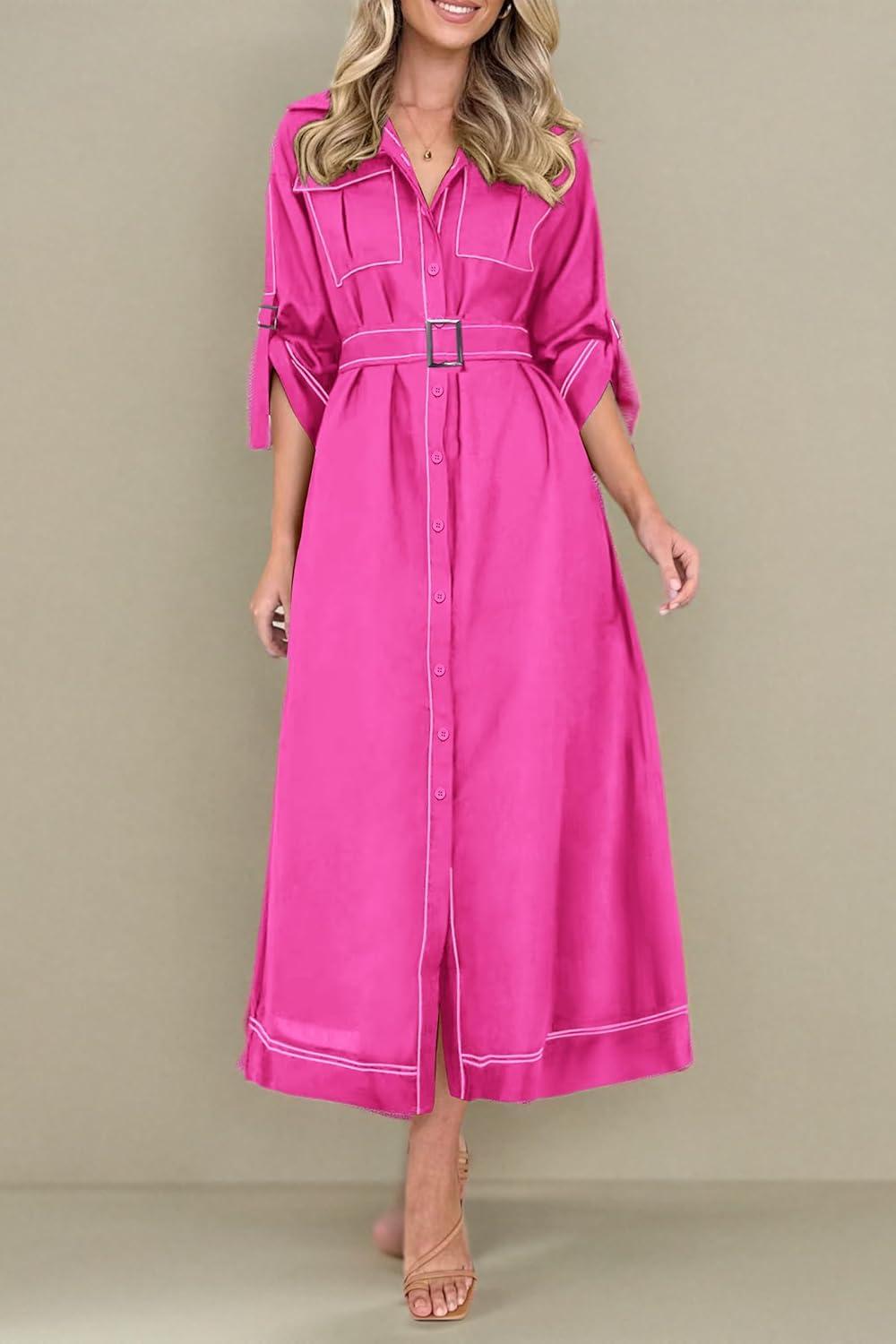 imagePRETTYGARDEN Womens Maxi Shirt Dress Casual 34 Sleeve Button Down Lapel V Neck A Line Belted Long Dresses Rose RedSmall