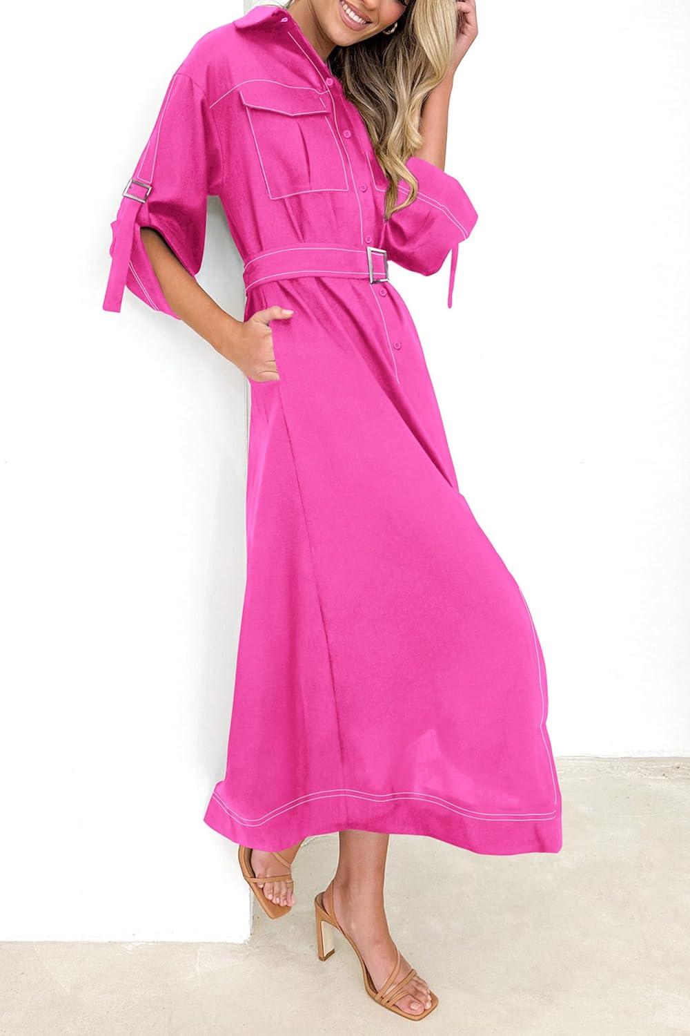 imagePRETTYGARDEN Womens Maxi Shirt Dress Casual 34 Sleeve Button Down Lapel V Neck A Line Belted Long Dresses Rose RedSmall