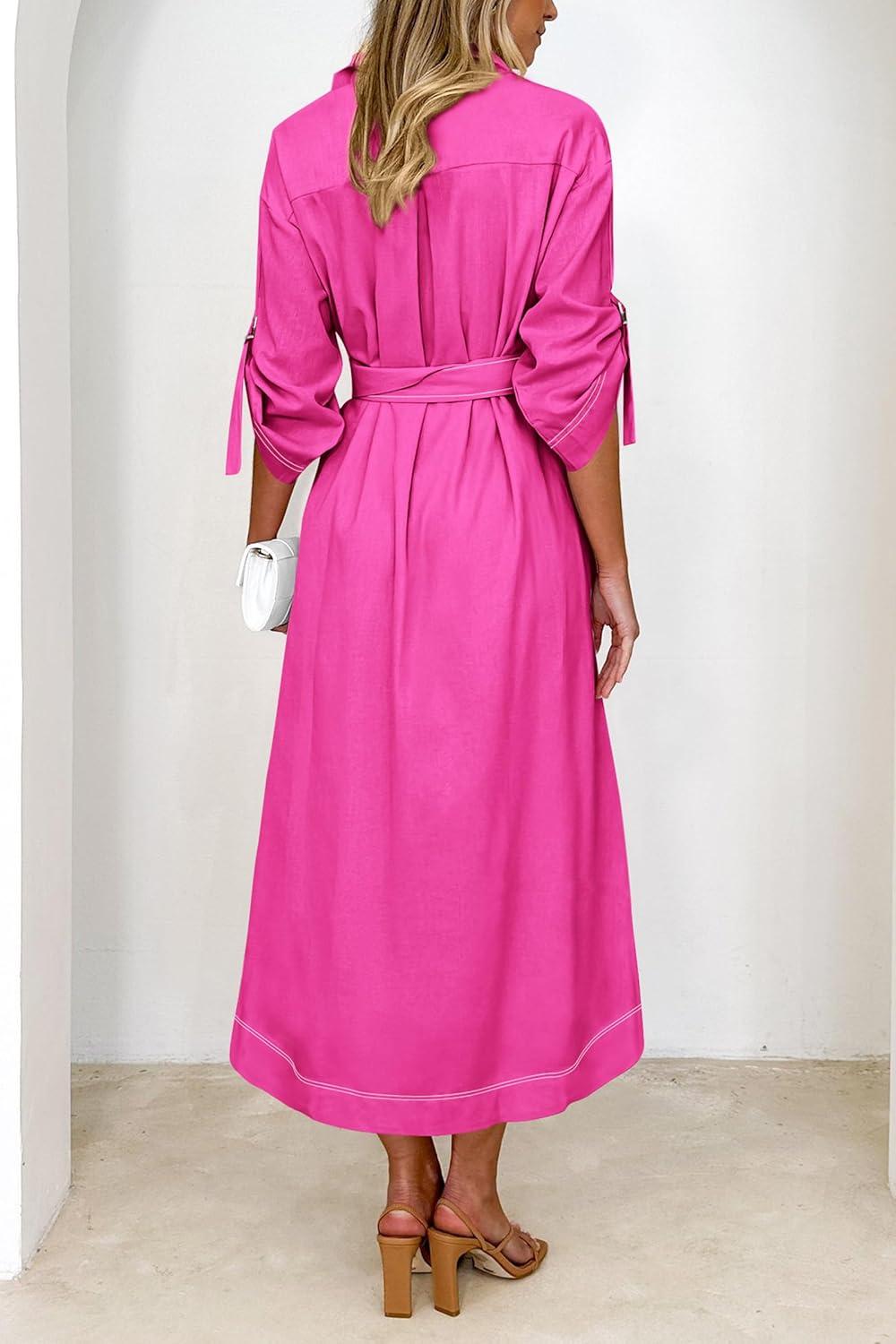 imagePRETTYGARDEN Womens Maxi Shirt Dress Casual 34 Sleeve Button Down Lapel V Neck A Line Belted Long Dresses Rose RedSmall
