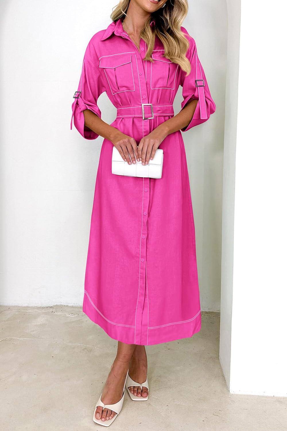 imagePRETTYGARDEN Womens Maxi Shirt Dress Casual 34 Sleeve Button Down Lapel V Neck A Line Belted Long Dresses Rose RedSmall
