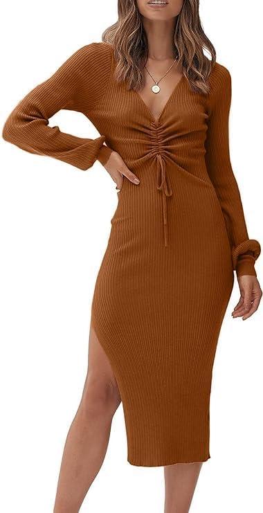 imagePRETTYGARDEN Womens Midi Sweater Dress Long Lantern Sleeve Ruched V Neck Drawstring Side Slit Knit Bodycon Dresses CaramelSmall