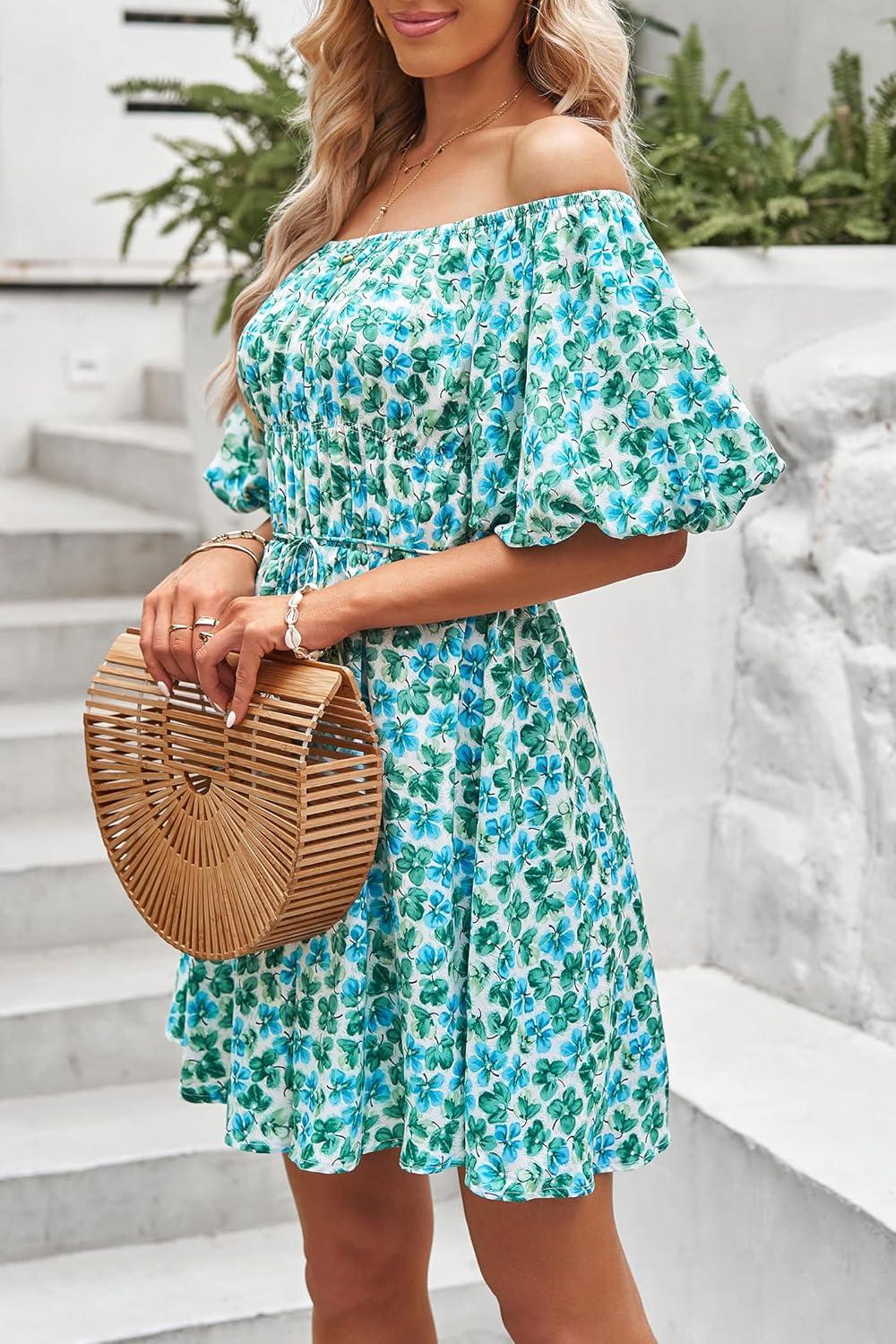 imagePRETTYGARDEN Womens Off The Shoulder Babydoll Dress Short Puff Sleeve Casual A Line Ruffle Summer Dresses Floral Dark GreenXLarge