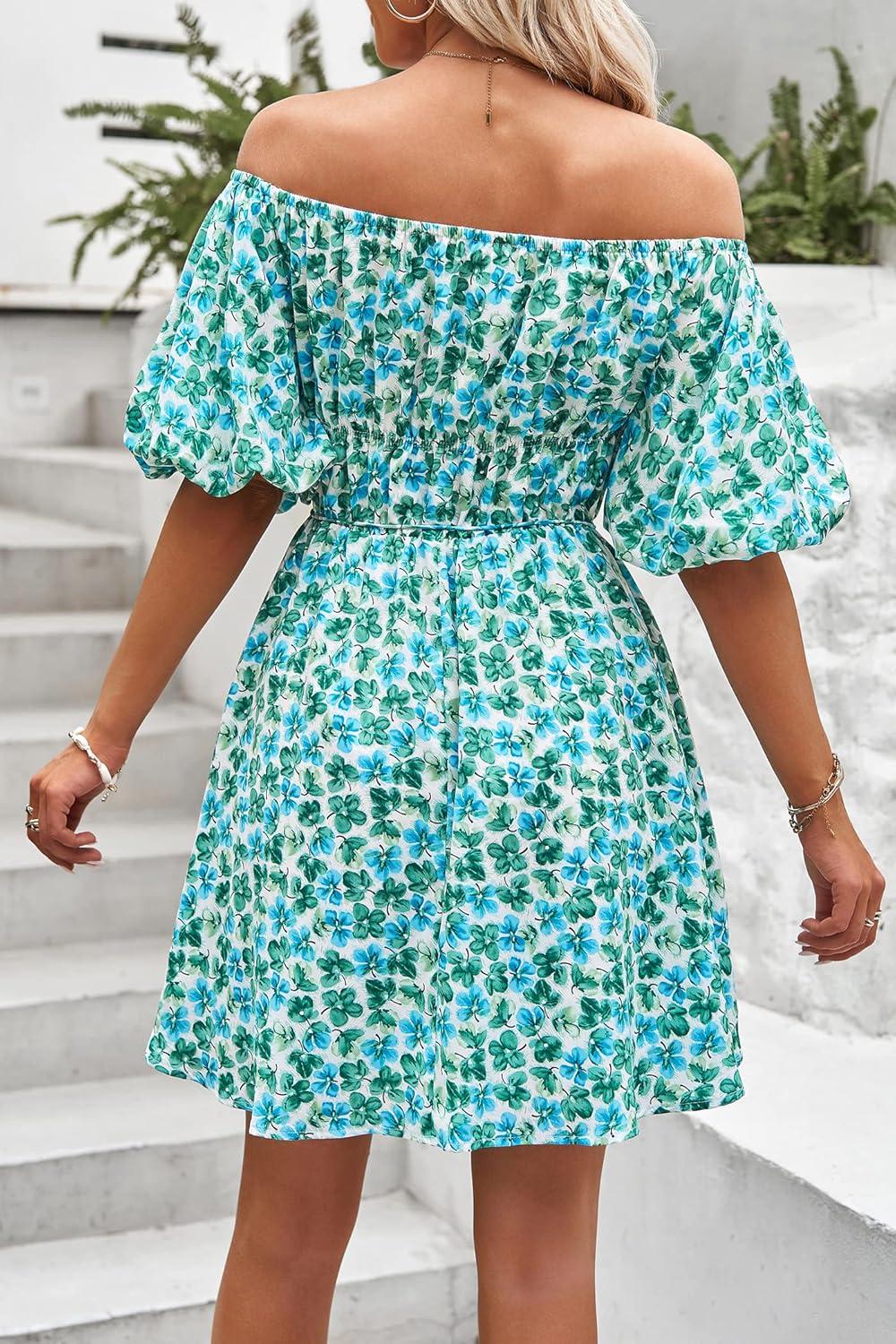 imagePRETTYGARDEN Womens Off The Shoulder Babydoll Dress Short Puff Sleeve Casual A Line Ruffle Summer Dresses Floral Dark GreenXLarge