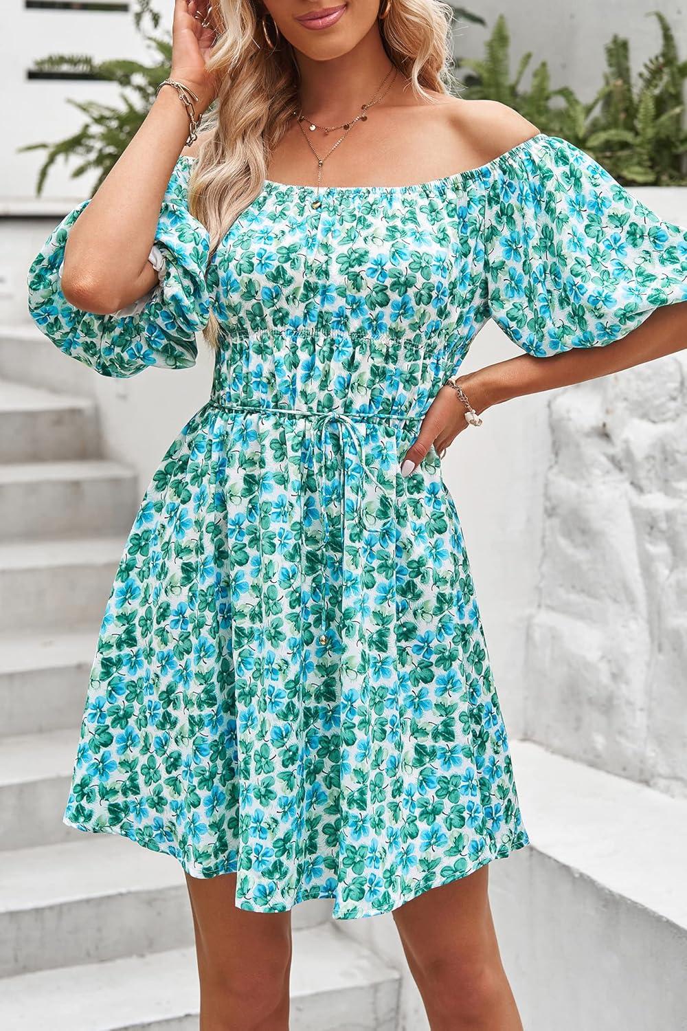 imagePRETTYGARDEN Womens Off The Shoulder Babydoll Dress Short Puff Sleeve Casual A Line Ruffle Summer Dresses Floral Dark GreenXLarge