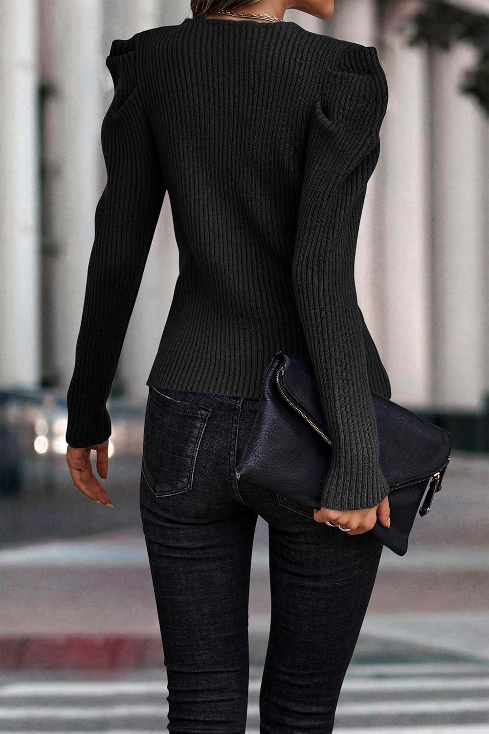 imagePRETTYGARDEN Womens Rib Knit Pullover Sweater Casual Long Puff Sleeve V Neck Solid Color Jumper Blouse Tops BlackSmall