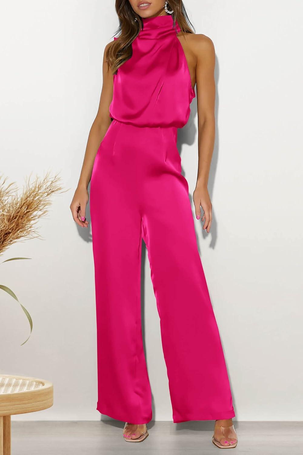 imagePRETTYGARDEN Womens Satin Jumpsuits 2024 Summer One Piece Outfits Mock Neck Sleeveless Wide Leg Pants Rompers