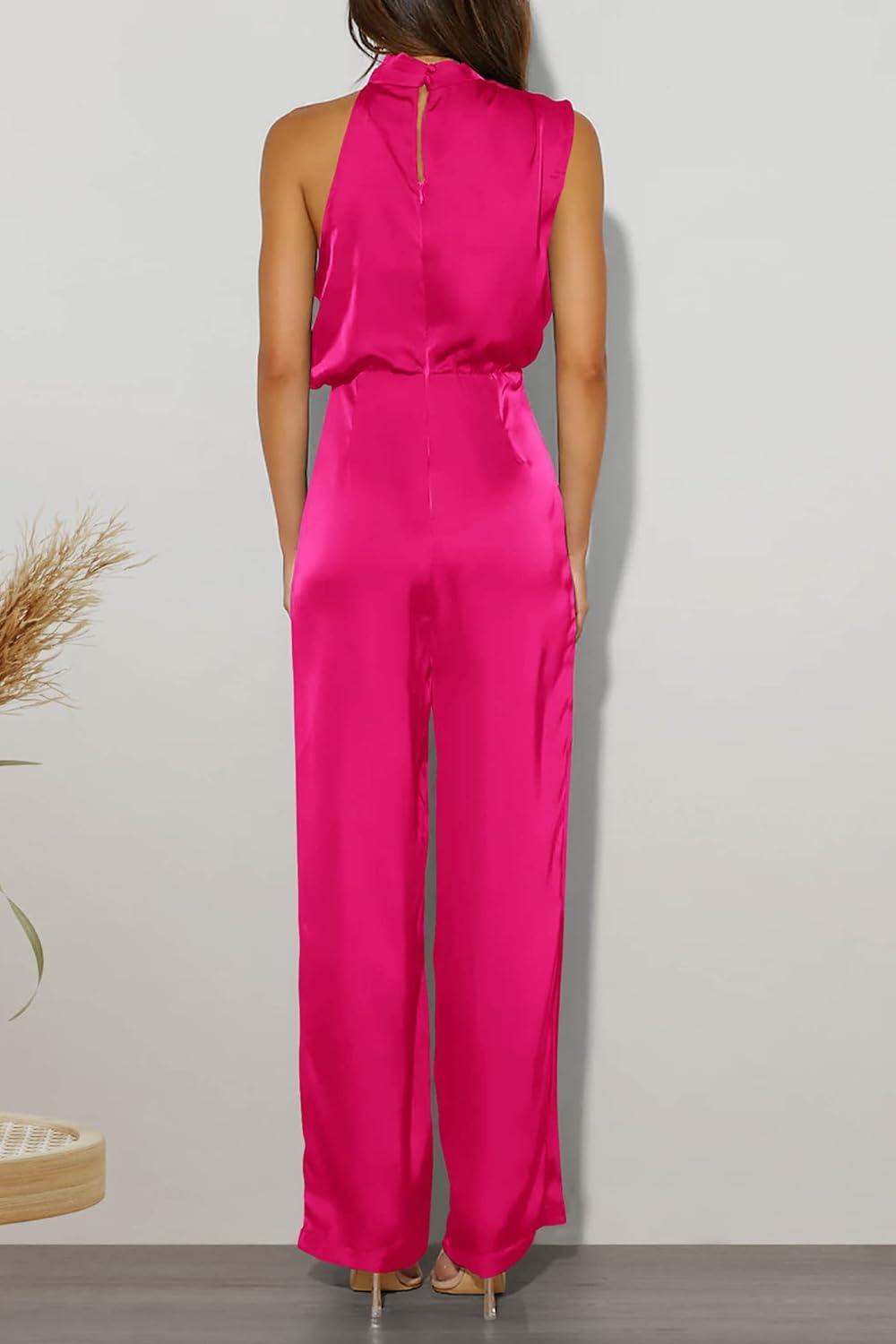 imagePRETTYGARDEN Womens Satin Jumpsuits 2024 Summer One Piece Outfits Mock Neck Sleeveless Wide Leg Pants Rompers