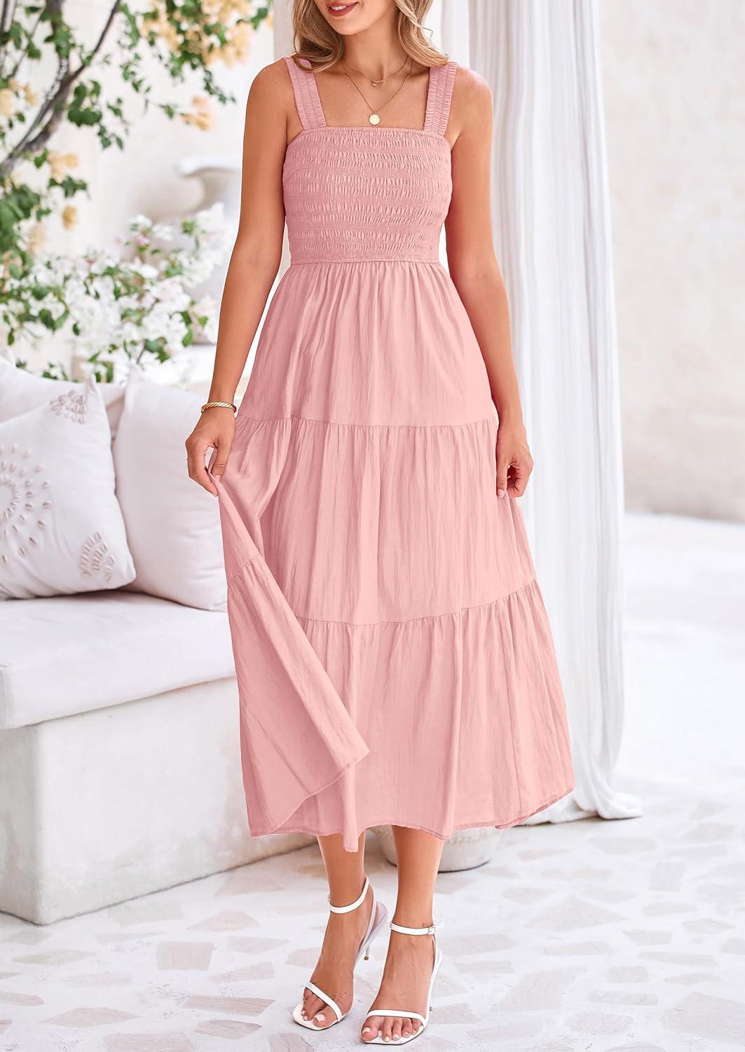 imagePRETTYGARDEN Womens Smocked Midi Dress 2025 Summer Ruffle A Line Long Flowy Dresses Cute Sleeveless Beach Sundress PinkSmall