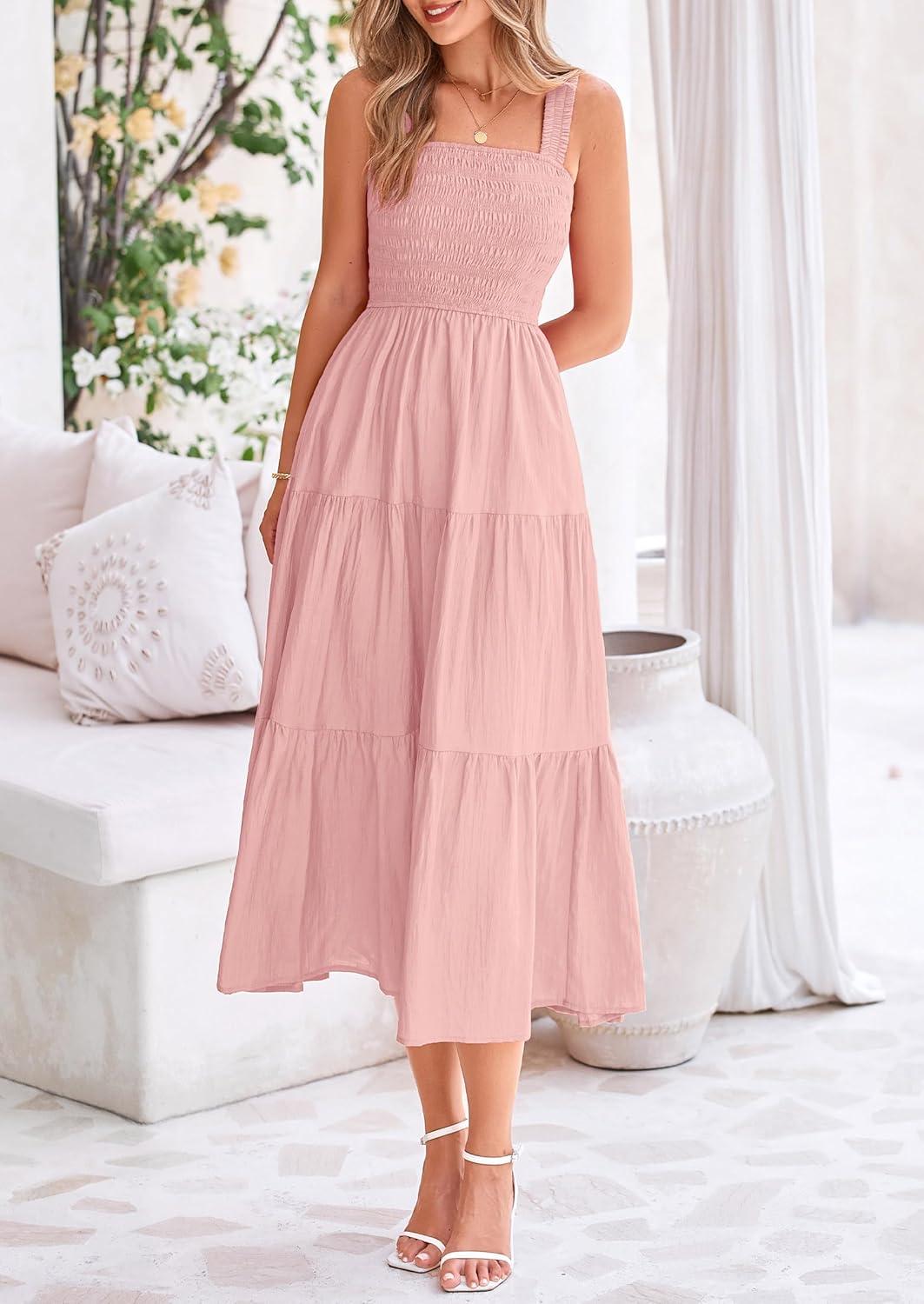 imagePRETTYGARDEN Womens Smocked Midi Dress 2025 Summer Ruffle A Line Long Flowy Dresses Cute Sleeveless Beach Sundress PinkSmall