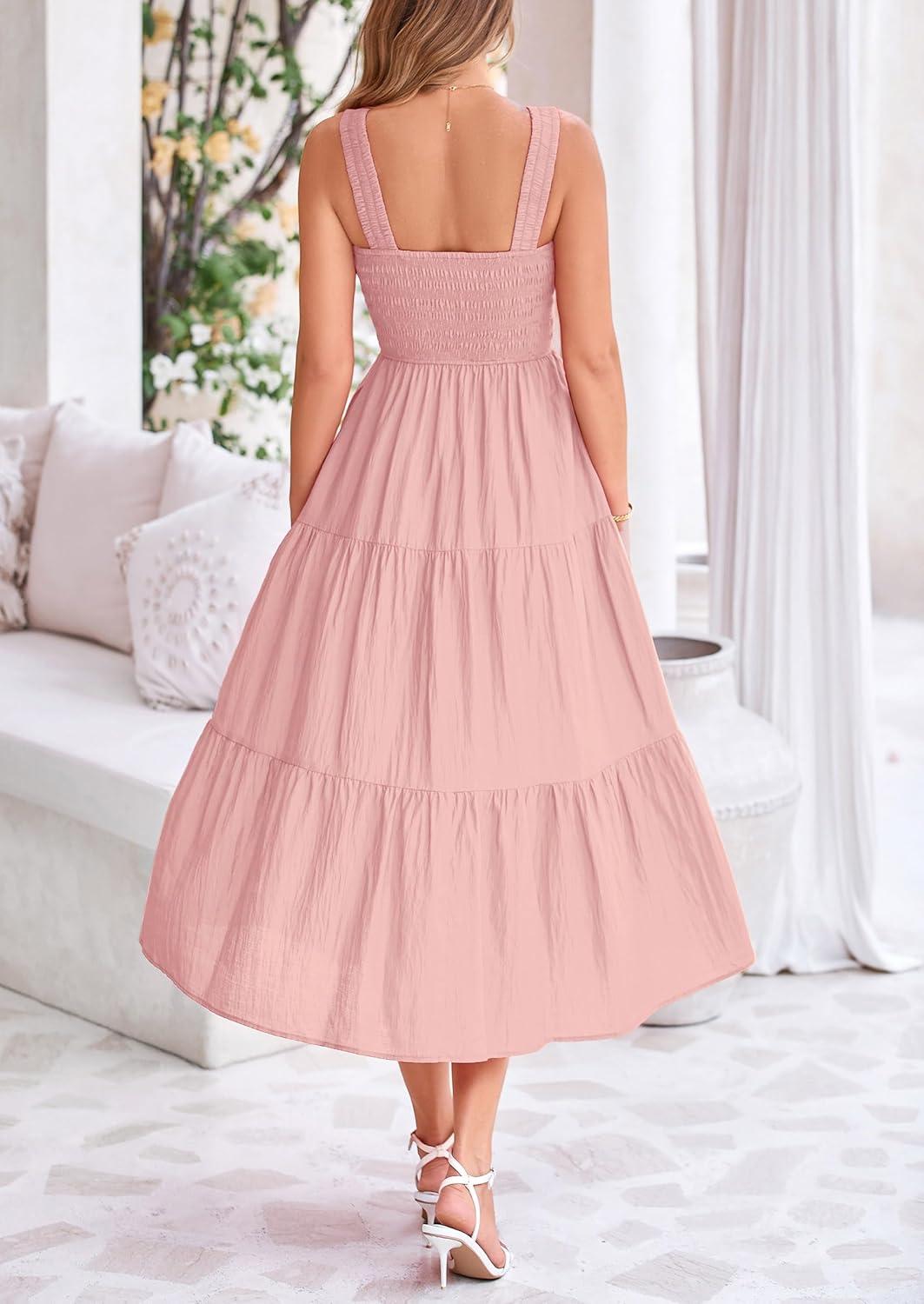 imagePRETTYGARDEN Womens Smocked Midi Dress 2025 Summer Ruffle A Line Long Flowy Dresses Cute Sleeveless Beach Sundress PinkSmall