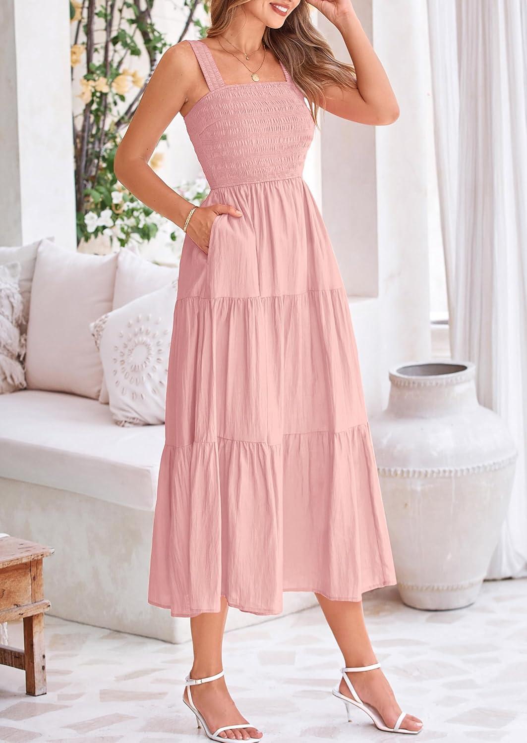 imagePRETTYGARDEN Womens Smocked Midi Dress 2025 Summer Ruffle A Line Long Flowy Dresses Cute Sleeveless Beach Sundress PinkSmall
