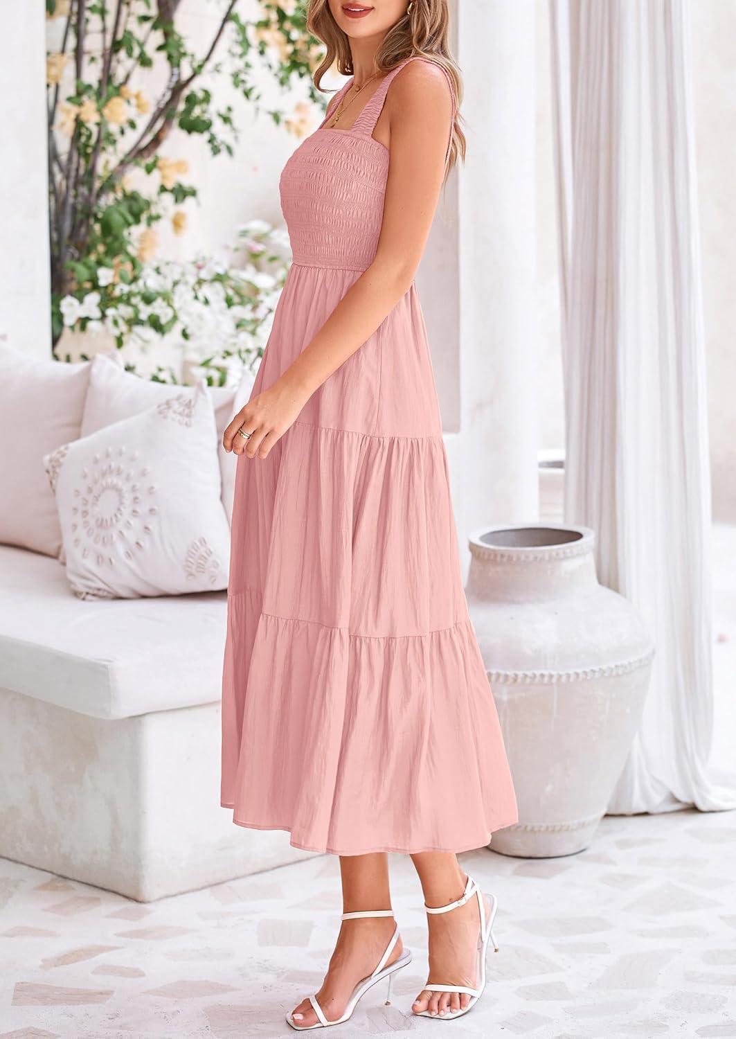 imagePRETTYGARDEN Womens Smocked Midi Dress 2025 Summer Ruffle A Line Long Flowy Dresses Cute Sleeveless Beach Sundress PinkSmall