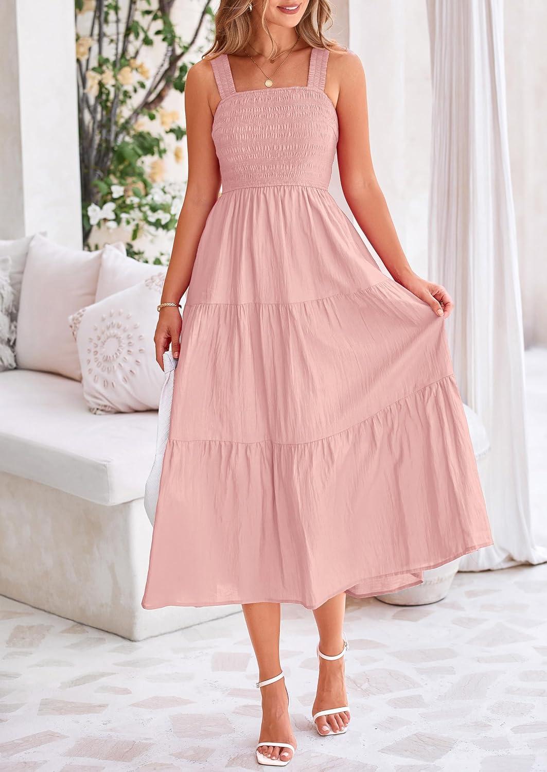 imagePRETTYGARDEN Womens Smocked Midi Dress 2025 Summer Ruffle A Line Long Flowy Dresses Cute Sleeveless Beach Sundress PinkSmall