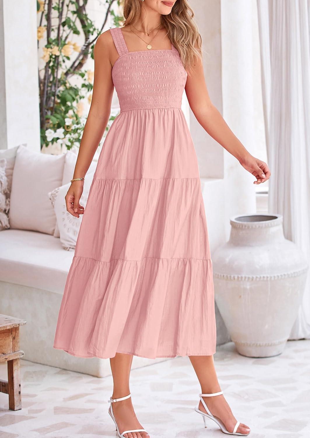 imagePRETTYGARDEN Womens Smocked Midi Dress 2025 Summer Ruffle A Line Long Flowy Dresses Cute Sleeveless Beach Sundress PinkSmall